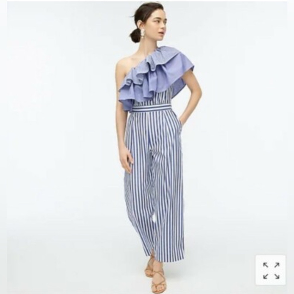 J. Crew Blue Striped Ruffle One-Shoulder Jumpsuit